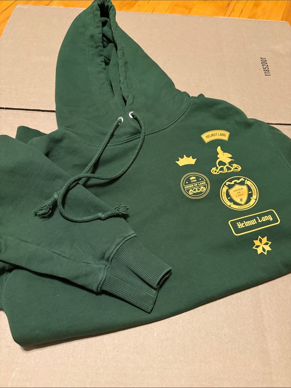 Helmut Lang Forest Green Hoodie with Yellow Crest Graphics